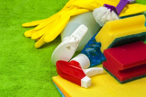 Cleaner maintaining shared hallway floors and stairs in Catford